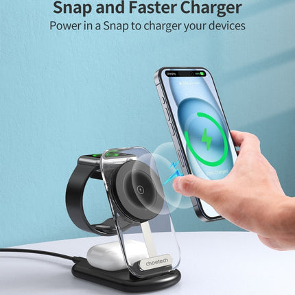 CHOETECH T618-F-BK 3-in-1 15W MagSafe Wireless fast Charger Stand for iPhone i-Watch AirPods w/ Ambient Light