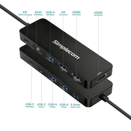 Simplecom CHT811 11-in-1 USB-C 4K Triple Display MST Docking Station with Dual HDMI DP