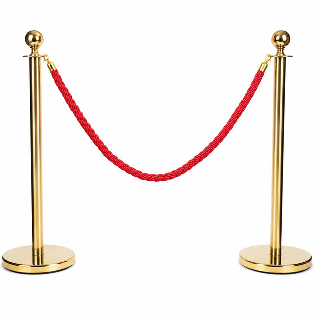 Gold Queue Barrier Stanchion Set of 2 with Red Velvet Rope Crowd Control Bollards