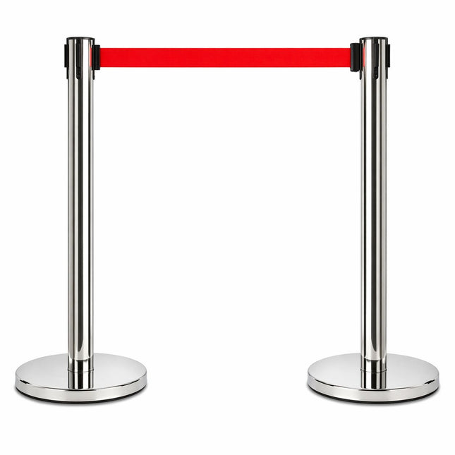 2 Pack Queue Barrier Stanchion Posts Retractable Belt Crowd Control Safety Barrier Silver Red