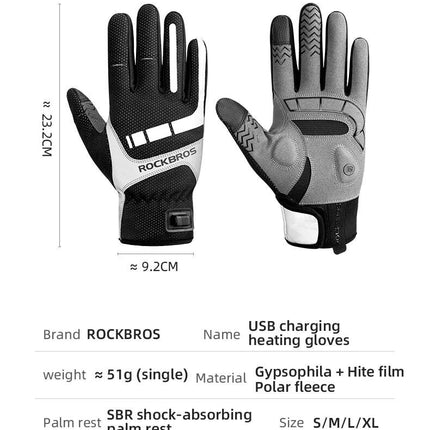 MTB Heated Gloves Large for Mountain Road Bike Breathable Winter Autumn Cycling Camping Running Outdoor Sport Rockbros