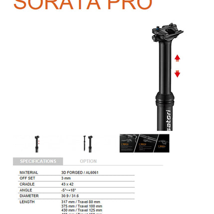 Satori Mountain Bike Height Adjustable Seatpost Internal Cable 30.9 Diameter 150mm Travel
