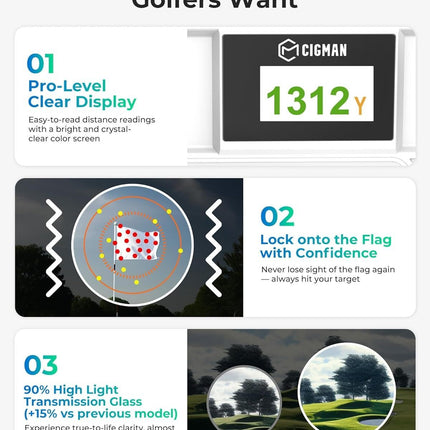 Golf Rangefinder with Slope, CIGMAN 1312 Yards Range Finder Golf, External Color Display, Flag Lock Vibration, 6X Magnification, Rechargeable Laser Range Finder with Magnetic
