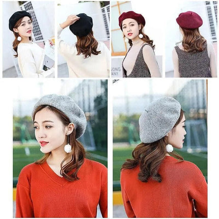 Women Ladies Beanie Wool French Beret Newsboy Hat Cap Winter Warm Hats Girls - Dark Grey