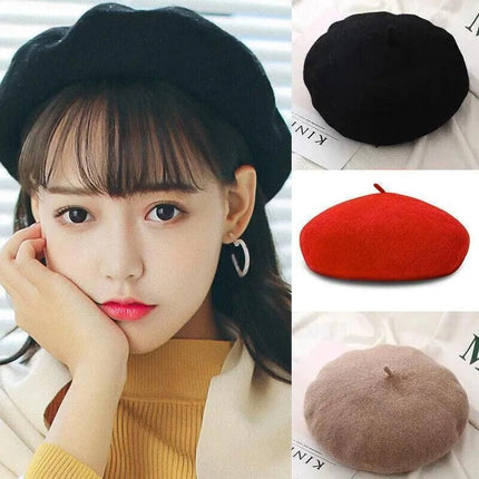 Women Ladies Beanie Wool French Beret Newsboy Hat Cap Winter Warm Hats Girls - Light Grey