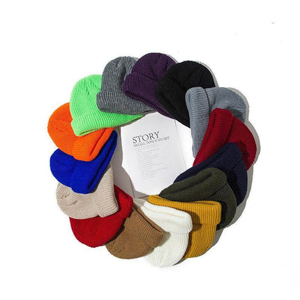 Men Women Mini Fisherman Beanie Winter Spring Hat Soft Knitted Docker Skull Cap - Black