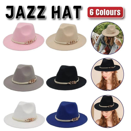Jazz Hat Autumn Winter Retro Large Brim Hat for Men and Women Stylish Headwear - Light Grey