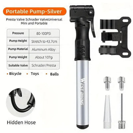 Portable Bicycle Pump Mini Inflatable Tube Pump Tire Inflator for Bike Cycling - Silver