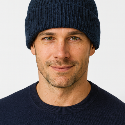 Mens Shetland Ragg Wool Beanie Hat Fishermans Rib Winter Knit Ski Pull On  - Navy