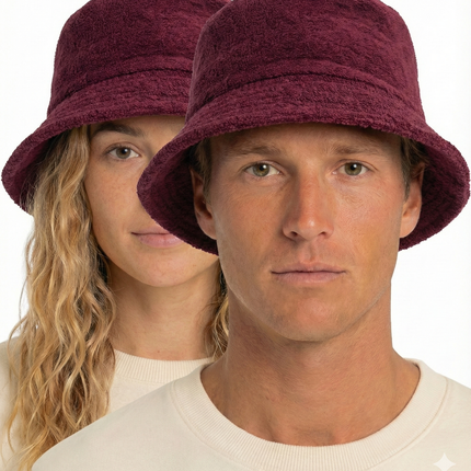 100% Cotton Terry Towelling Bucket Hat Daggy Fishing Camping Lad Cap in Burgundy - Medium