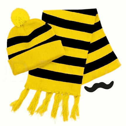 Tigers Beanie Hat & Scarf Set Party Costume w Moustache Warm Winter - Black/Yellow Stripe