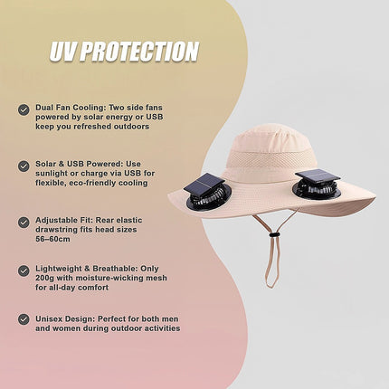 Solar & USB Powered Cooling Hat with Dual Fan – Khaki Outdoor Sun Hat