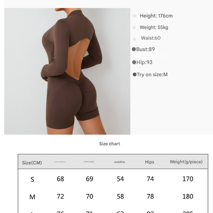 M Grey Backless Scrunch Butt Workout Jumpsuit - Long-Sleeve Open-Back Yoga Romper
