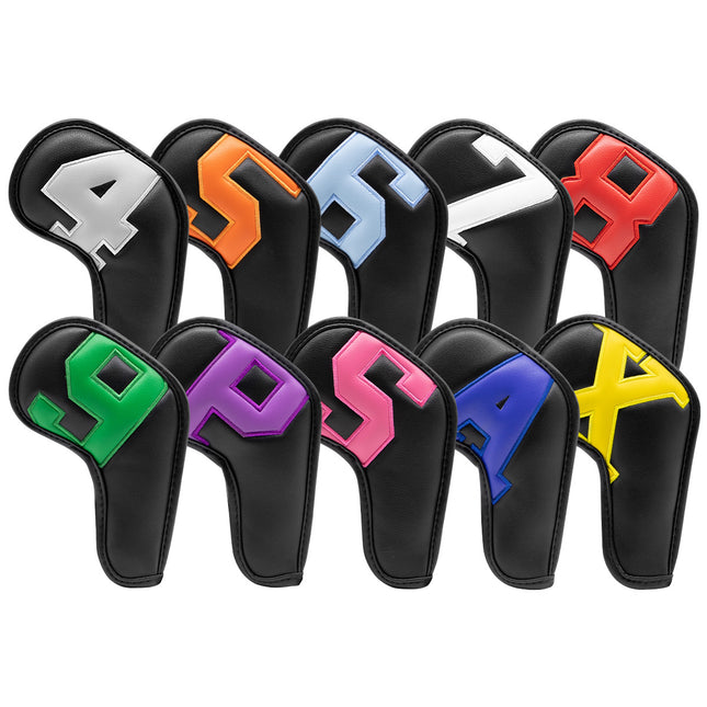 Black covers with various colored numbers, Premium PU Leather Golf Iron Headcover Set (10pcs) | Numbered 4-9, P, S, A, X | Protective Club Covers for Irons