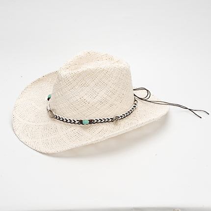 White Handmade Straw Cowboy Hat, Summer Sun Hat, Outdoor Sun Protection, Fits Head Size 58-59cm
