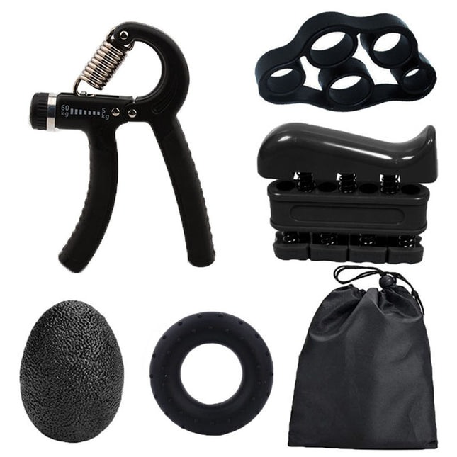 Black 5-Piece Hand Grip Strength Training Set – Adjustable Grip Exerciser, Silicone Grip Rings & Grip Ball