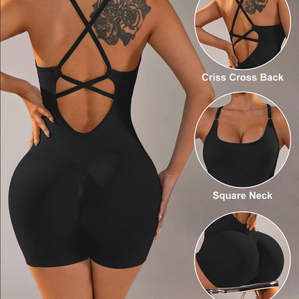 Size S Black Nylon Seamless Yoga Bodysuit - Women's Athletic Romper, Crisscross Back, Workout Jumpsuit