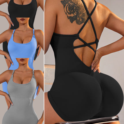 Size S Black Nylon Seamless Yoga Bodysuit - Women's Athletic Romper, Crisscross Back, Workout Jumpsuit