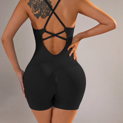 Size S Black Nylon Seamless Yoga Bodysuit - Women's Athletic Romper, Crisscross Back, Workout Jumpsuit