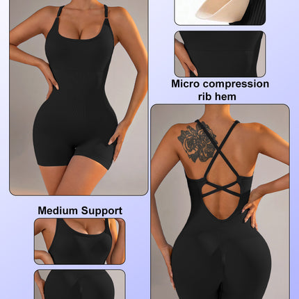 Size S Black Nylon Seamless Yoga Bodysuit - Women's Athletic Romper, Crisscross Back, Workout Jumpsuit