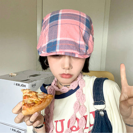 2-PCS Pink Lightweight Checkered Flat Cap - Adjustable Retro Driver Hat for Men & Women