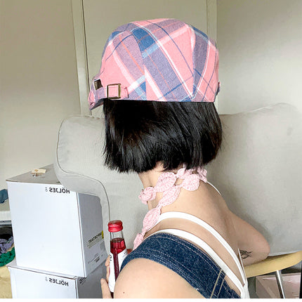 2-PCS Pink Lightweight Checkered Flat Cap - Adjustable Retro Driver Hat for Men & Women