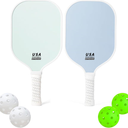 Light Blue Fiberglass Pickleball Paddle Set - 2 Minimalist Paddles, 4 Balls, and Carry Bag for Outdoor Play