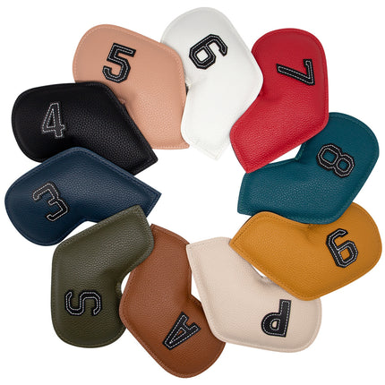 Black Golf Iron Head Covers Set of 10 - Waterproof PU Leather Club Protectors with Embroidered Numbers (3-9, P, A, S)