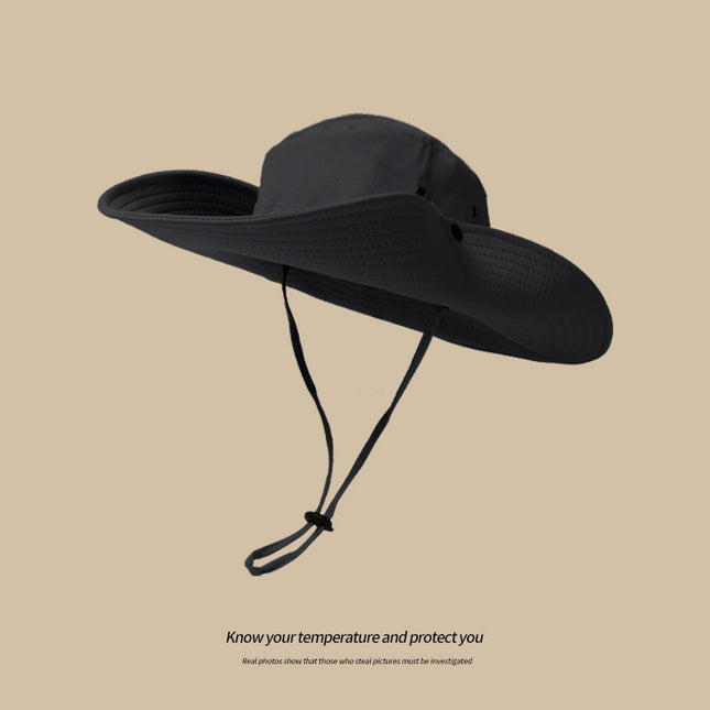 Water-Repellent Wide-Brim Bucket Hat with Adjustable Chin Strap - Sun Protection Black