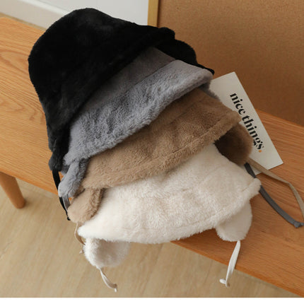 Plush Bucket Hat with Ear Flaps,Warm Furry Winter Hat in Khaki-One size (54-59cm) adjustable