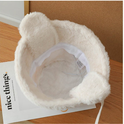 Plush Bucket Hat with Ear Flaps,Warm Furry Winter Hat in Khaki-One size (54-59cm) adjustable
