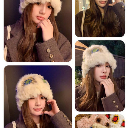 Plush Floral Bucket Hat,Warm Crocheted Winter Hat in White Pink-Hat circumference: 56-60cm