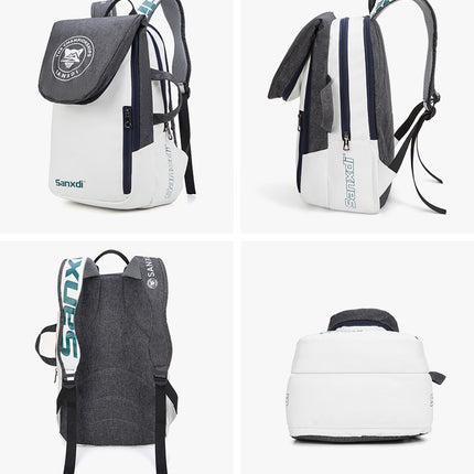Grey and White Multifunctional Tennis & Badminton Backpack - Waterproof Racket Bag with Shoe Compartment