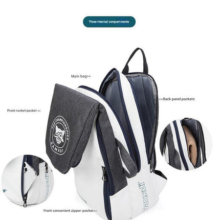 Grey and White Multifunctional Tennis & Badminton Backpack - Waterproof Racket Bag with Shoe Compartment