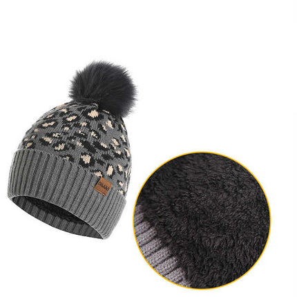 Purple Women's 3-Piece Winter Knit Set - Leopard Print Plush Lined Beanie Hat, Scarf & Touchscreen Gloves