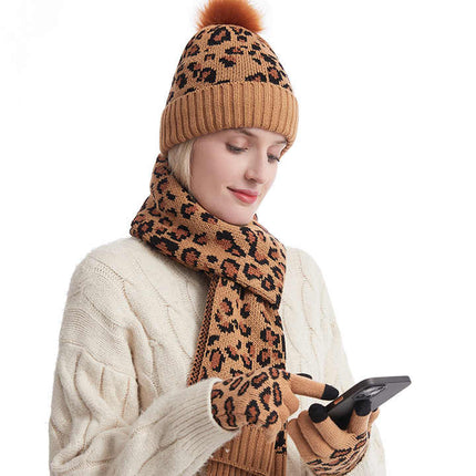 Dark Grey Women's 3-Piece Winter Knit Set - Leopard Print Plush Lined Beanie Hat, Scarf & Touchscreen Gloves