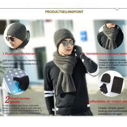 Light Grey Men's 3-Piece Winter Warm Ribbed Knit Beanie Hat Scarf and Gloves Set