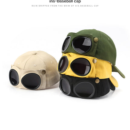 Beige Stylish Aviator Goggle Baseball Cap - Unisex Outdoor Cotton Sun Hat