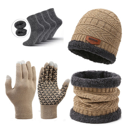 Khaki Men's 5-Piece Winter Essentials Set -  Lined Beanie Hat, Neck Warmer, Touchscreen Gloves & 2 Pairs Thermal Socks