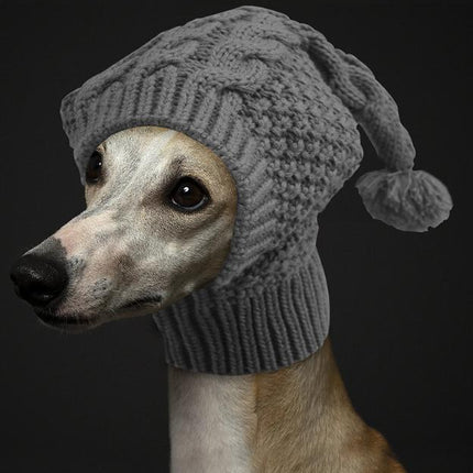 Size L Grey Whimsical Knit Dog Hat with Pom-Pom - Cozy Winter Pet Beanie & Snood