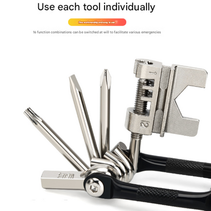 Black and Silver 16 in 1 Bicycle Repair Multi Tool - Compact Folding Bike Tool Kit with Chain Breaker for MTB Road Cycling