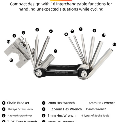 Black and Silver 16 in 1 Bicycle Repair Multi Tool - Compact Folding Bike Tool Kit with Chain Breaker for MTB Road Cycling