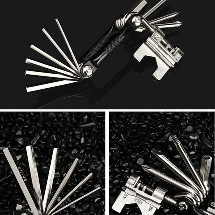 Black and Silver 16 in 1 Bicycle Repair Multi Tool - Compact Folding Bike Tool Kit with Chain Breaker for MTB Road Cycling