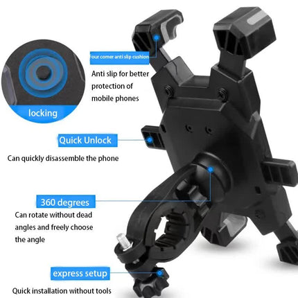 Black Secure Grip Bike Phone Mount - Adjustable 360 Rotation Bicycle Handlebar Holder, Universal Cradle for MTB & Road Cycling
