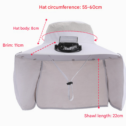 Dark Grey Outdoor Solar Fan Sun Hat - Large Brim Fishing Hiking Hat with Neck Cape