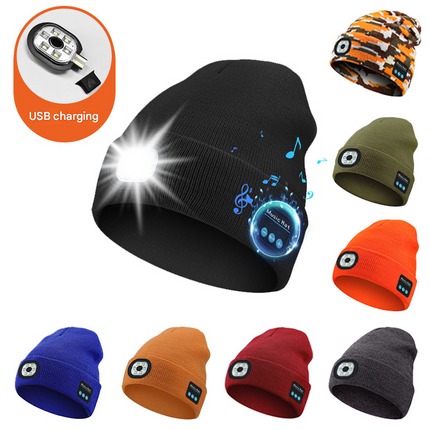 Blue Wireless Bluetooth Beanie Hat with USB Rechargeable LED Headlight - Unisex Knit Cap for Running & Camping