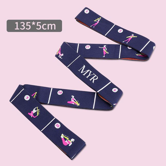 Dark Blue Instructional Yoga Stretch Strap with Embroidered Pose Guide - 11-Loop Flexibility Band