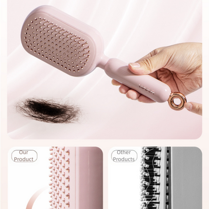 White Innovative Self-Cleaning Cushion Hairbrush - Retractable Bristle Detangling & Scalp Massager