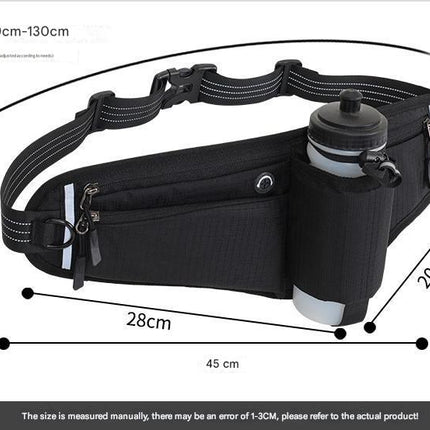 Black Adjustable Running Waist Pack with Water Bottle Holder, Reflective Design, and Multiple Storage Pockets for Outdoor Activities