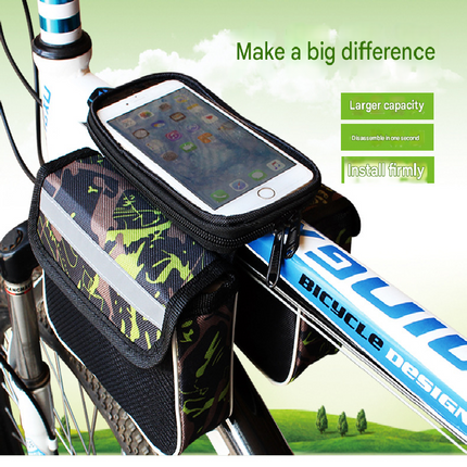 Green Bicycle Top Tube Frame Bag with Detachable Touch Screen Phone Holder Waterproof Double Pouch Cycling Saddle Bag for Mountain Bikes
